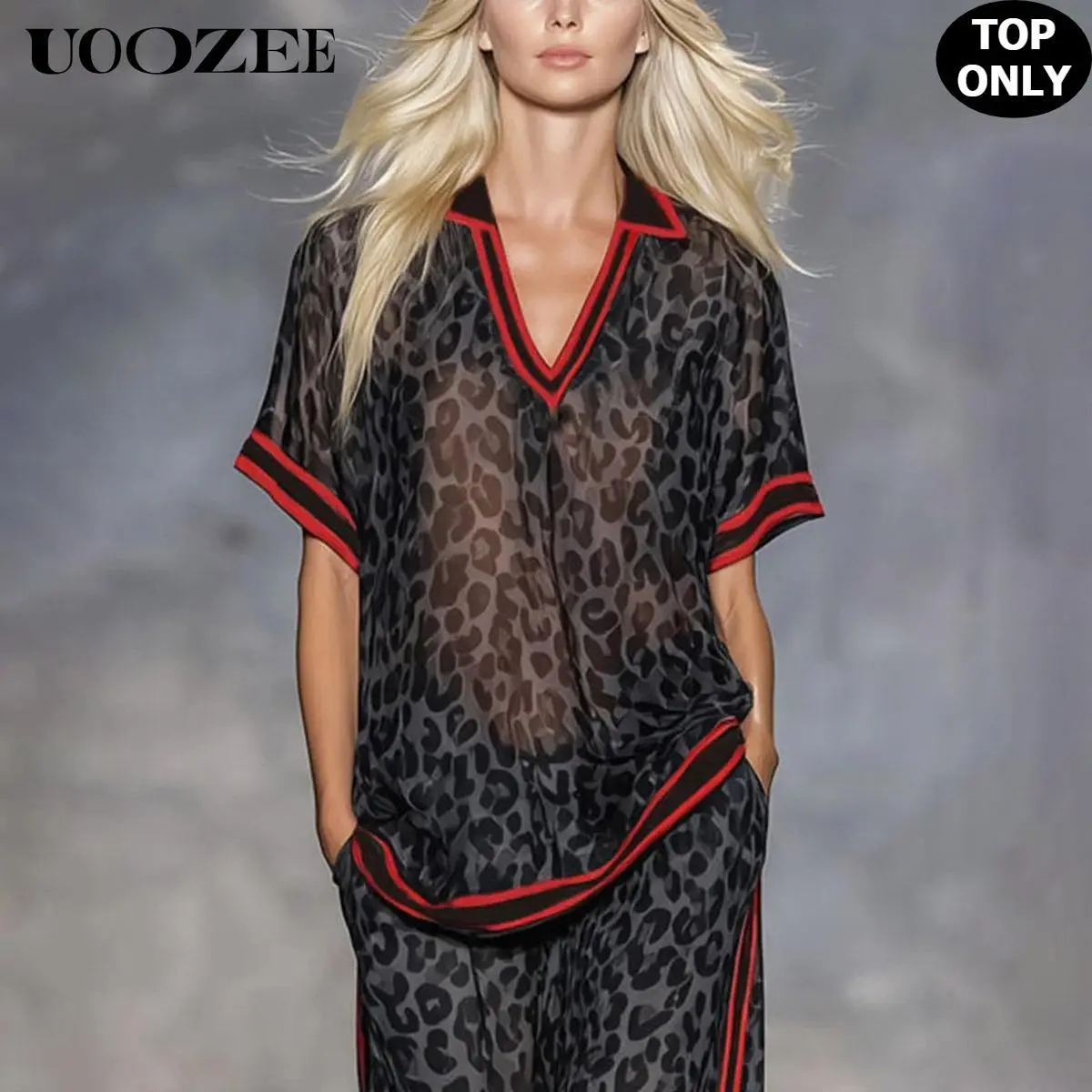 UOOZEE Women's Polyester Fabric Sheer Leopard Print Chiffon Blouse(TOP ONLY) - Red Trim V-Neck Short-Sleeve, Lightweight Loose Oversized Fit, Street Style Evening Top (Size Down for Slim Look, Pair with Camisole Accessories)
