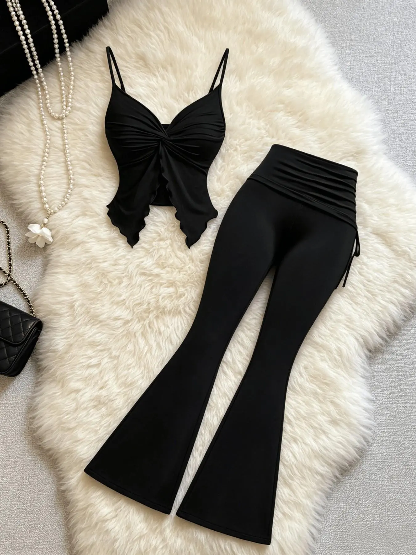 Sexy Knot Halter Top + Drawstring Adjustable Bell Bottoms Set, Wave Edge Split Slim Fit, Two-Piece for Women, Trendy and Stylish