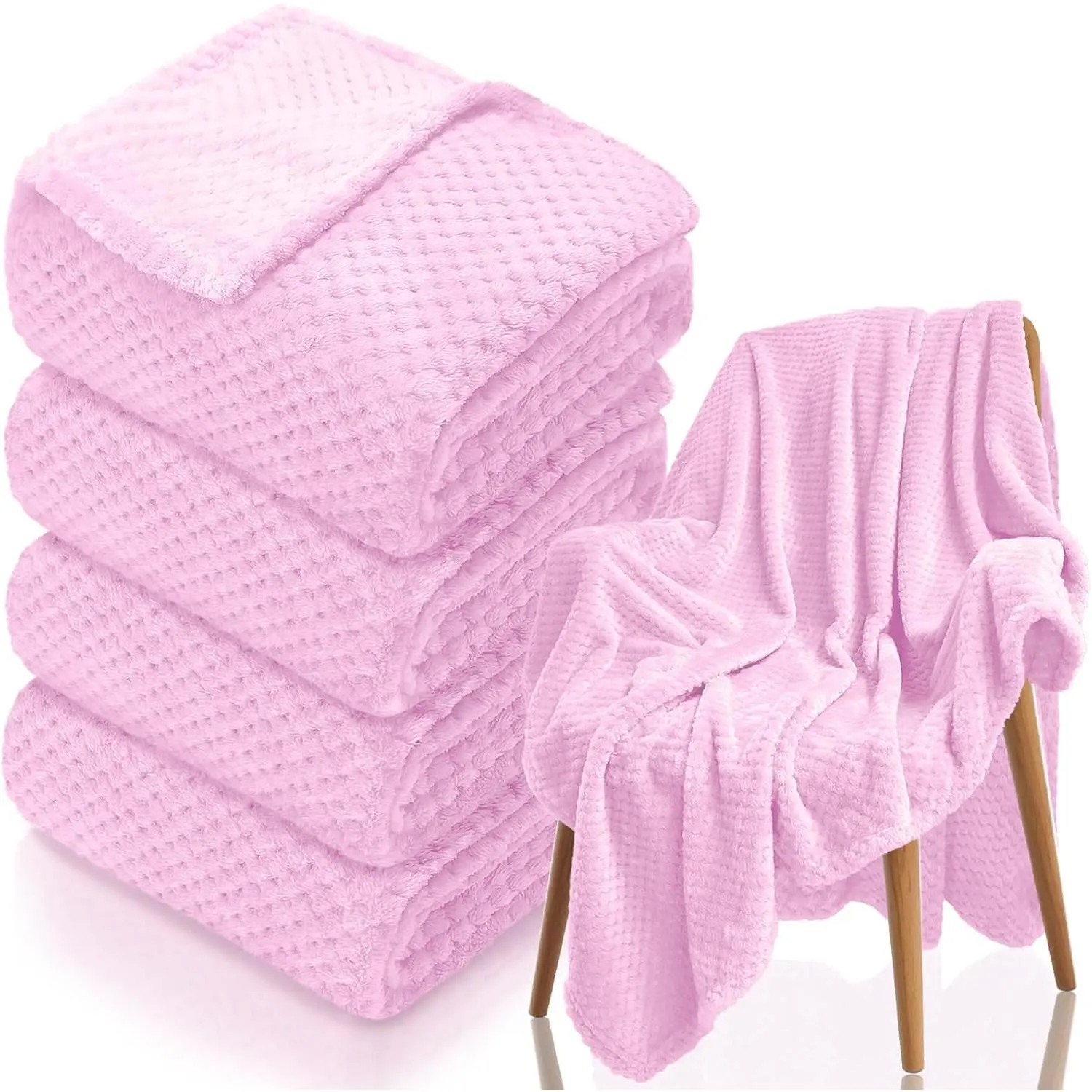 4 Pack Fleece Throw Blankets 50x60 Inches - Oeko-Tex Certified 100, 270 GSM Ultra Soft Plush for Bed, Couch and Cozy Gifts.  Waffle Texture, No Shedding No Pilling   ()
