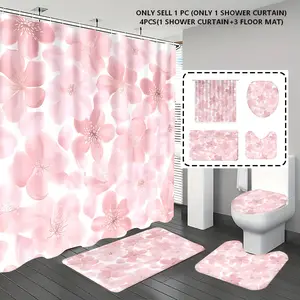 1pc/4pcs, Floral Shower Curtains For Bathroom, bathroom set, shower curtain set, shower curtains, bathroom decor, bathroom rug, bathroom mat, pink cherry blossom pattern, romantic theme decoration, with 12 hooks