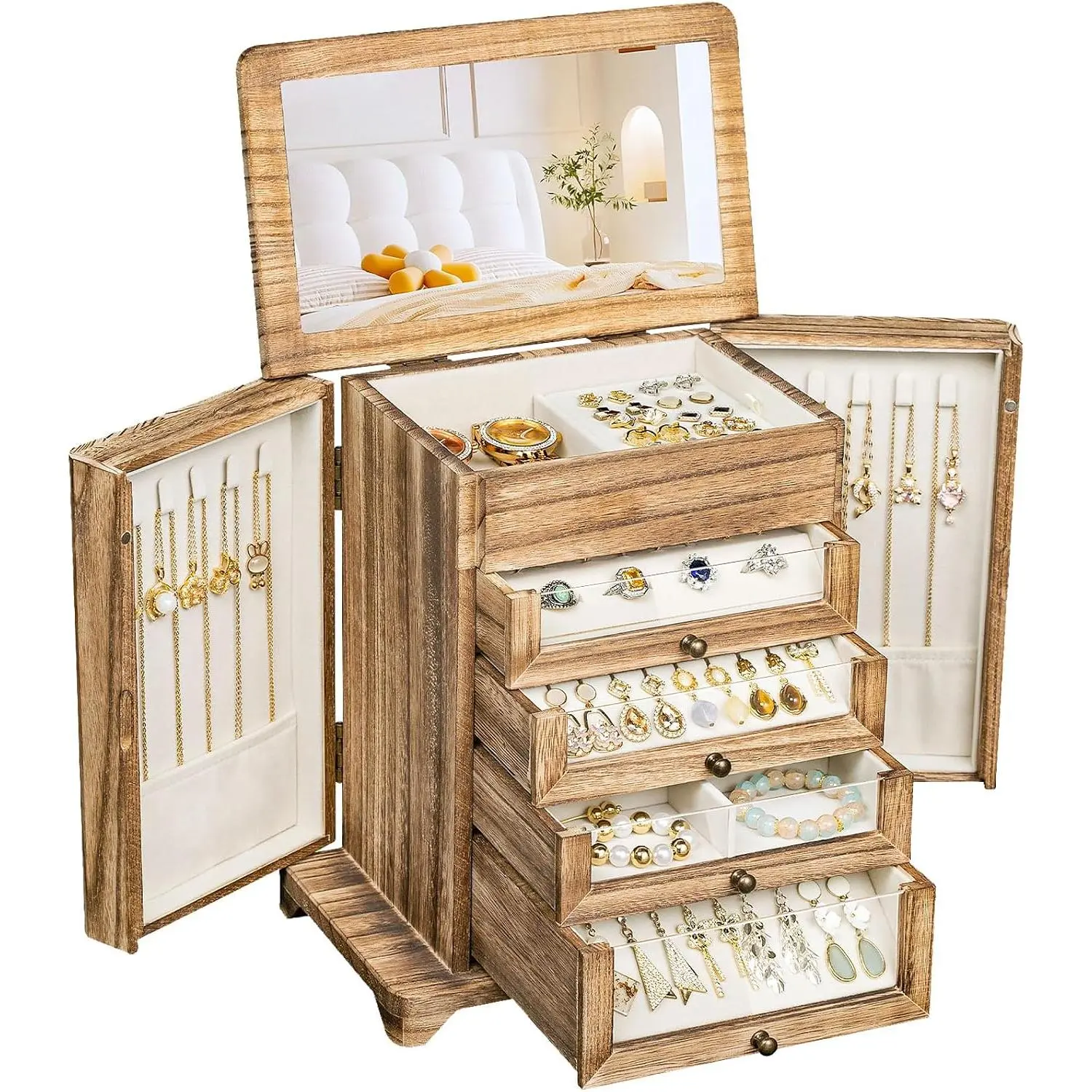 Large  Box & Organizer for Women, Wooden  Storage with 4 Transparent Drawers, Holds Necklaces, Rings, Bracelets, Earrings and Watches(Brown)
