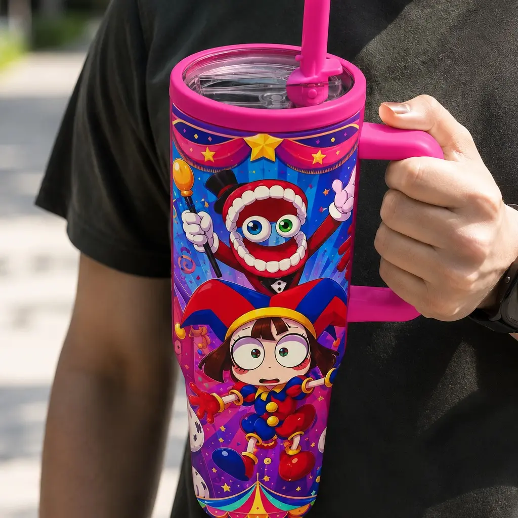 1PC 40oz Digital Circus Jester & Teeth Ringmaster Cartoon Insulated Tumbler with Handle & Flip Straw Lid, Double Wall Vacuum Leak-Proof Travel Mug, Hot 12H Cold 24H, Large Capacity Cup for Men Women Teens, Birthday Christmas Gift
