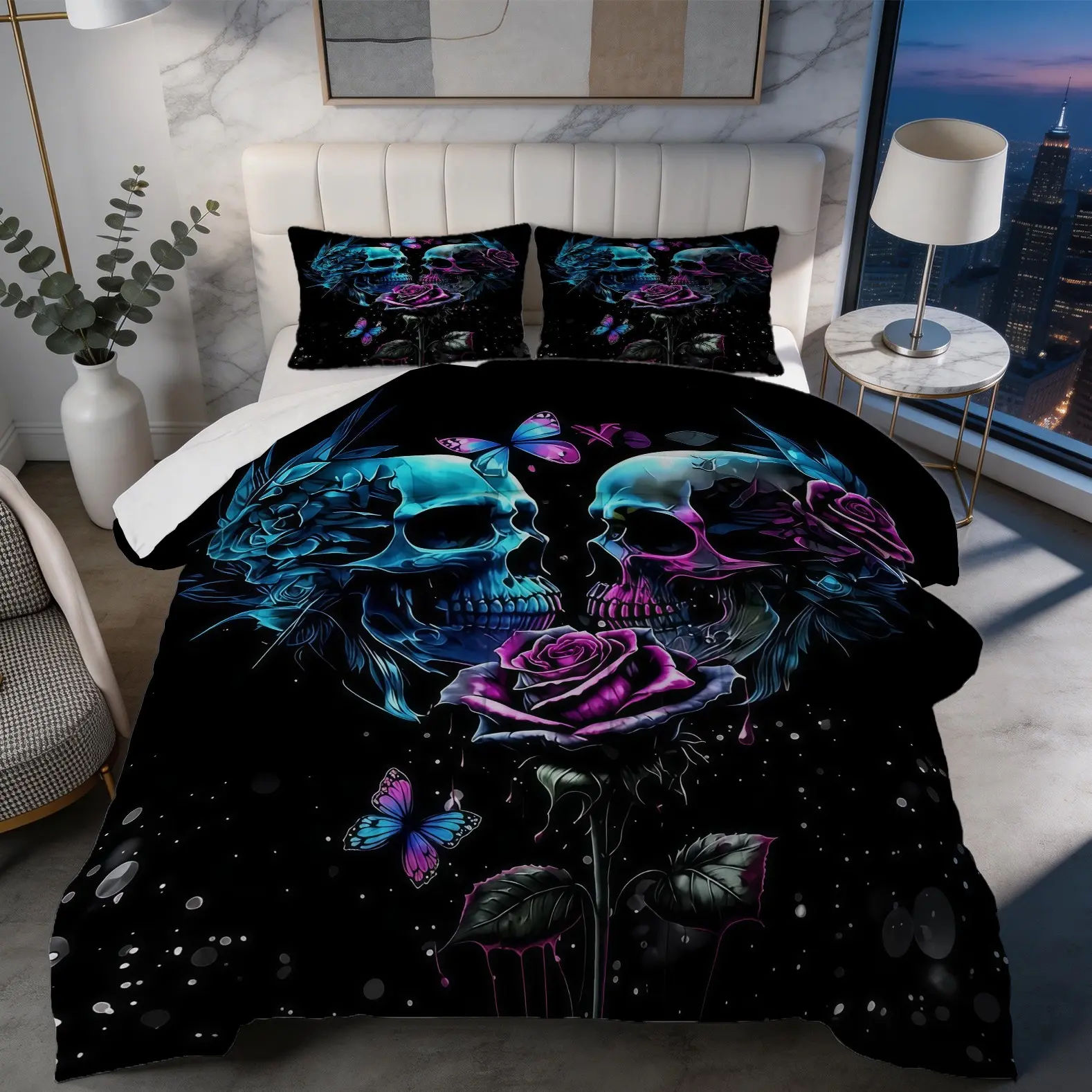 Dark Gothic Skull Couple Print Comforter Set, Romantic Rose Bedding Set, Bed Cover Set (1 Comforter + 1/2 Pillowcase, No Pillow Core), Suitable For Teenagers, Adults, Guest Rooms, Dormitories, And Master Bedroom Scenes