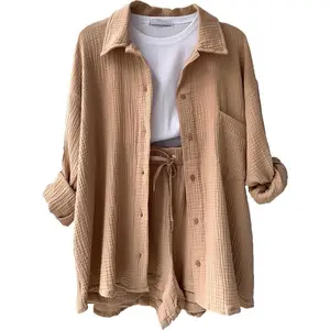 New summer set two-piece Champrey Lapel long sleeved shirt high waisted drawstring shorts fashionable casual women's Maria three piece set bachelor emoji two-piece set tired of London set sportswear set(Sheets)