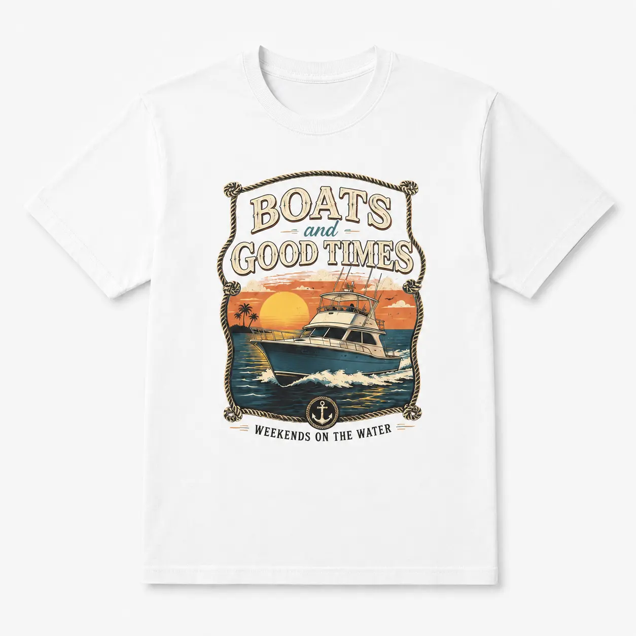 Boats & Good Times T-Shirt, Nautical Graphic Tee with Fishing Boat Sunset Design, Coastal Summer Shirt for Boating Lovers, Lake Weekend Casual Wear, Gift for Boat Owners