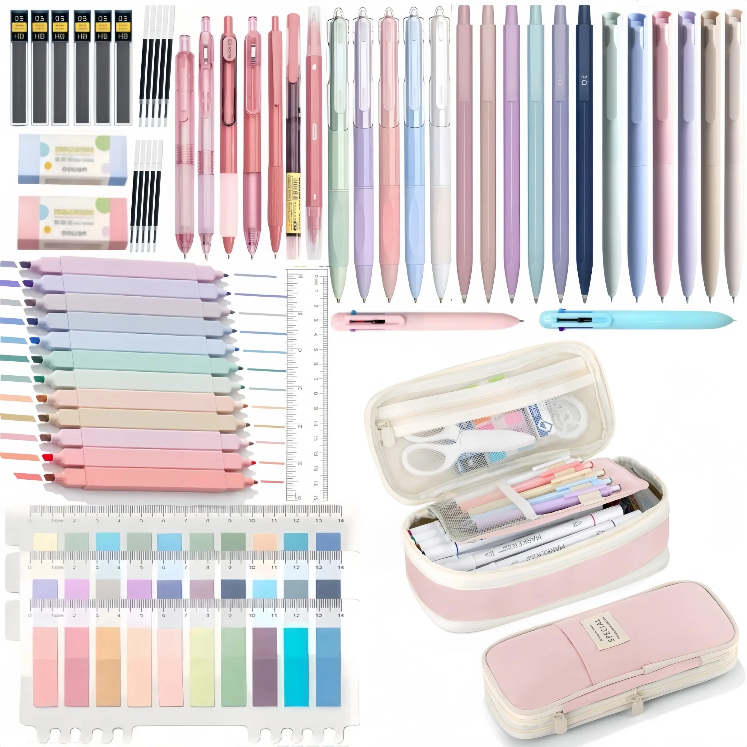 1Set Morandi stationery set,back to school,Large Capacity Pencil Case,8PCS black gel pens,Morandi 0.5mm mechanical pencil,Pastel Highlighters,sticky note,eraser,ruler,Cute Office Aesthetic School Supplies Gifts for Women Men,school supplies