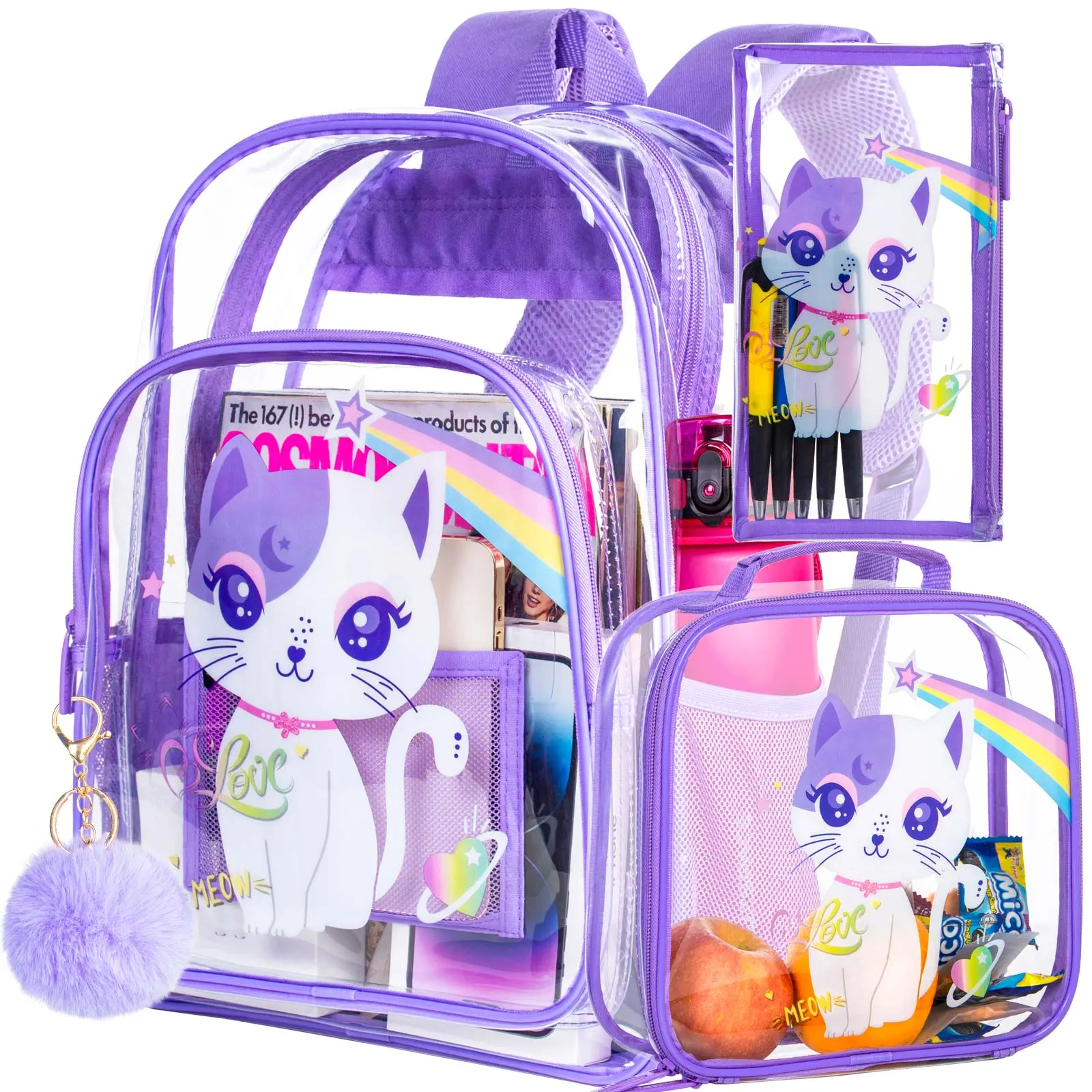 3PCS Girls Clear Backpack for Kids, See Through School Bag Stadium Approved, Transparent Bookbag for Elementary Preschool- Purple Cat