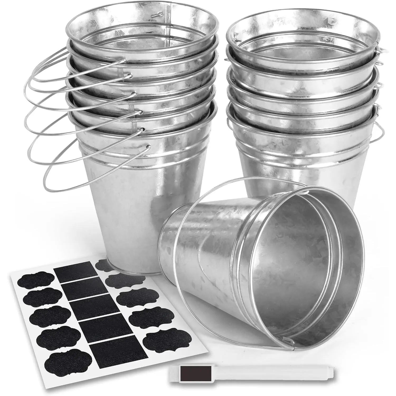 Galvanized Metal Bucket with Handle 12 count- Metal Buckets for Party, Tin Buckets with erasable Stickers and Chalk Marker  Bucket 4.7" W x 5" H x 2.7" L
