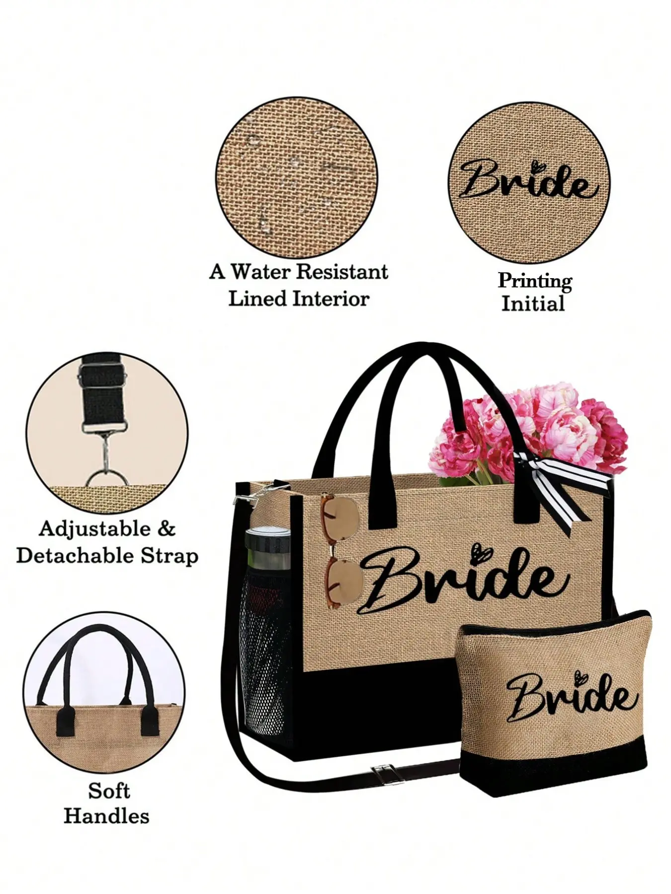 Bride Printed Canvas Beach Tote Bag with Scarf, Large Capacity Travel Handbag, Gift for Women Mom Teacher Bridesmaid for Beach Lawn Wedding Mother’s Day Back to School