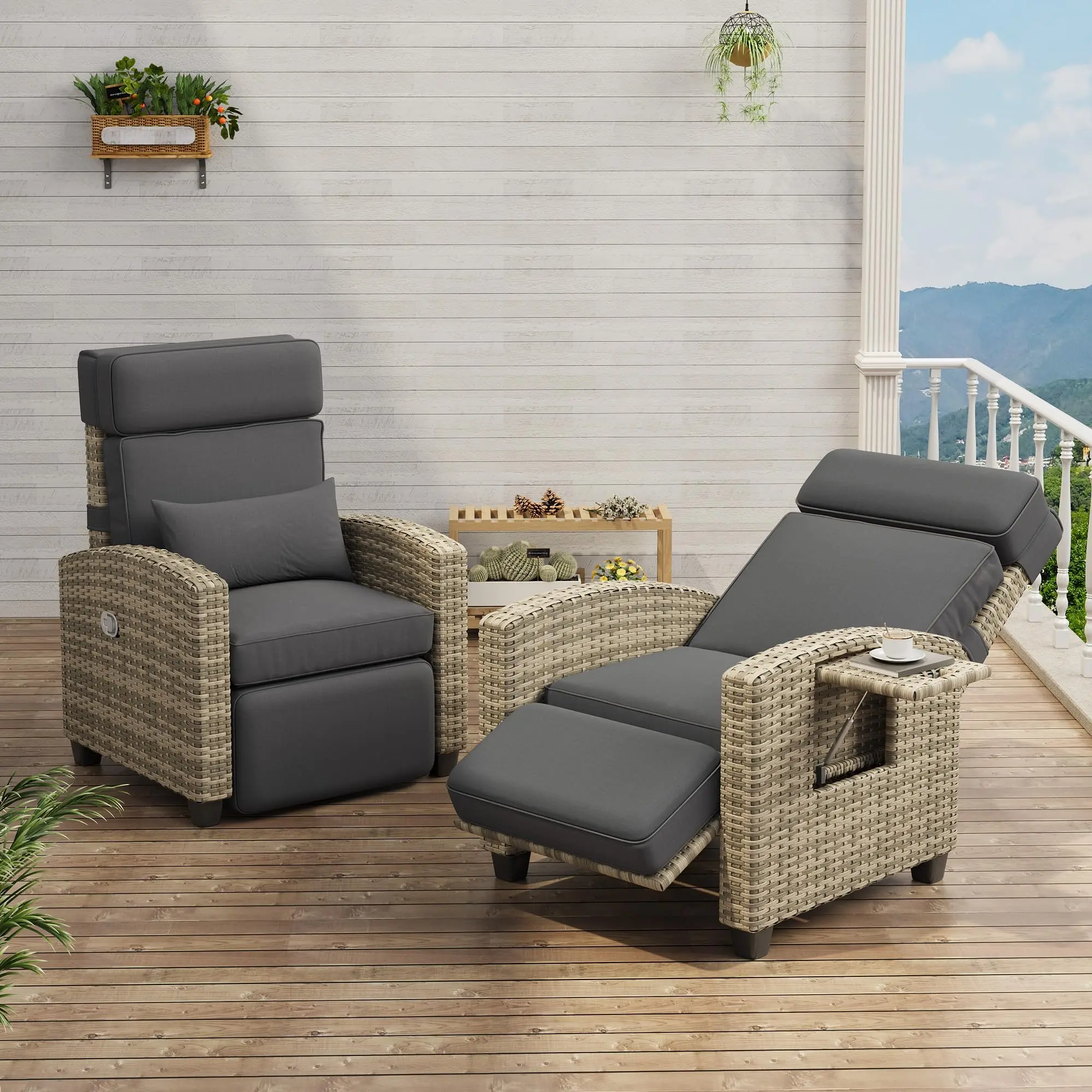 GARVEE 150° Adjustable Outdoor Wicker Patio Recliner Chair with Retractable Footrest, Flip‑Up Side Table, Removable Olefin Thick Cushion, 400 LBS Capacity Weather‑Resistant PE Rattan Lounge Chair for Poolside Deck Balcony Backyard