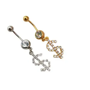 Trendy dollar navel ring, rhinestone navel piercing, women's body jewelry, body chain