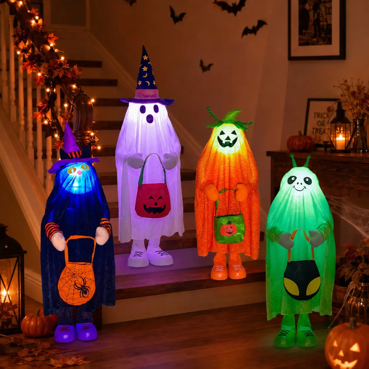 Halloween Standing Decoration, LED Lighted Ghost Face, Battery Operated, 4 Styles, Perfect for Courtyard, Porch, Living Room, Fireplace, Festive Decoration