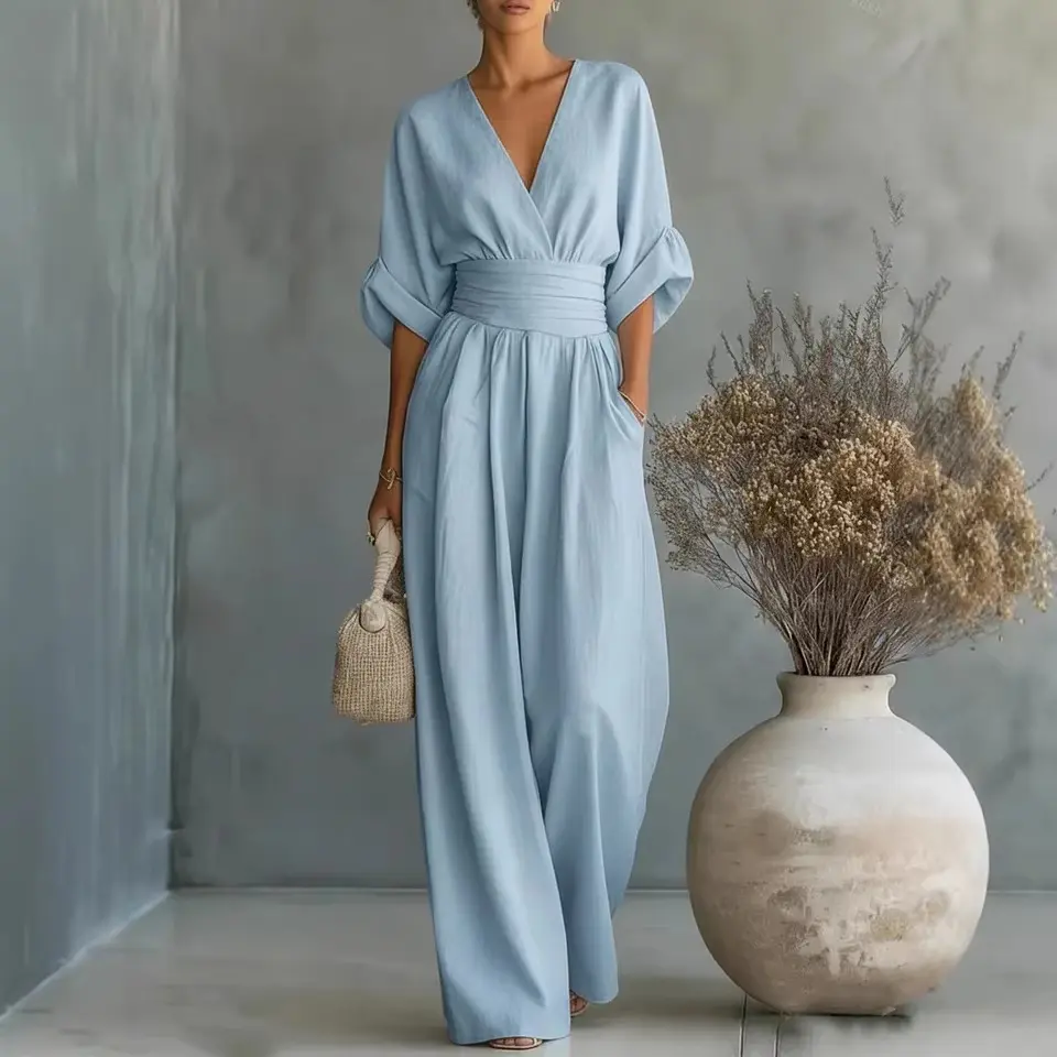 Women's V-Neck Wrap Jumpsuit, Short Sleeve Elastic Waist Wide Leg Palazzo Romper, Loose Casual Linen Blend Jumpsuit with Pockets, Elegant Summer Outfit for Work & Vacation