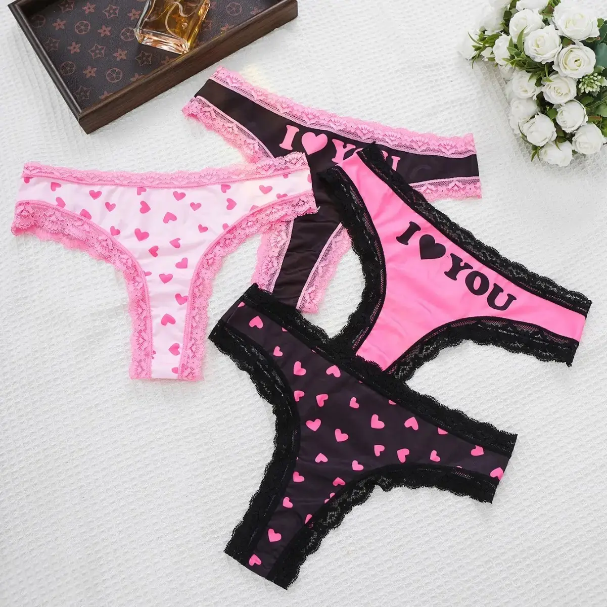 Women's 3-4 Pcs Lacy Matching Thong Panties, Low Rise Lingerie with "I Love You" Heart Print, Soft Fabric Trim, Stretchy Casual Everyday Wear