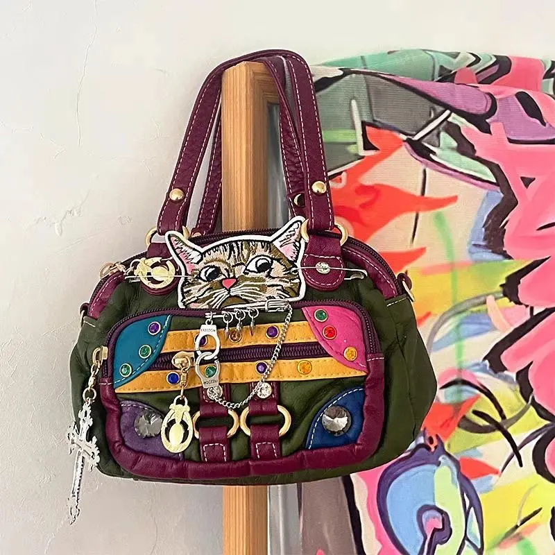 Women Y2K Vintage Cat Embroidery Handbag Multicolor Handle Bag with Crystal & Chain Charms, Retro Punk Streetwear Shoulder Purse