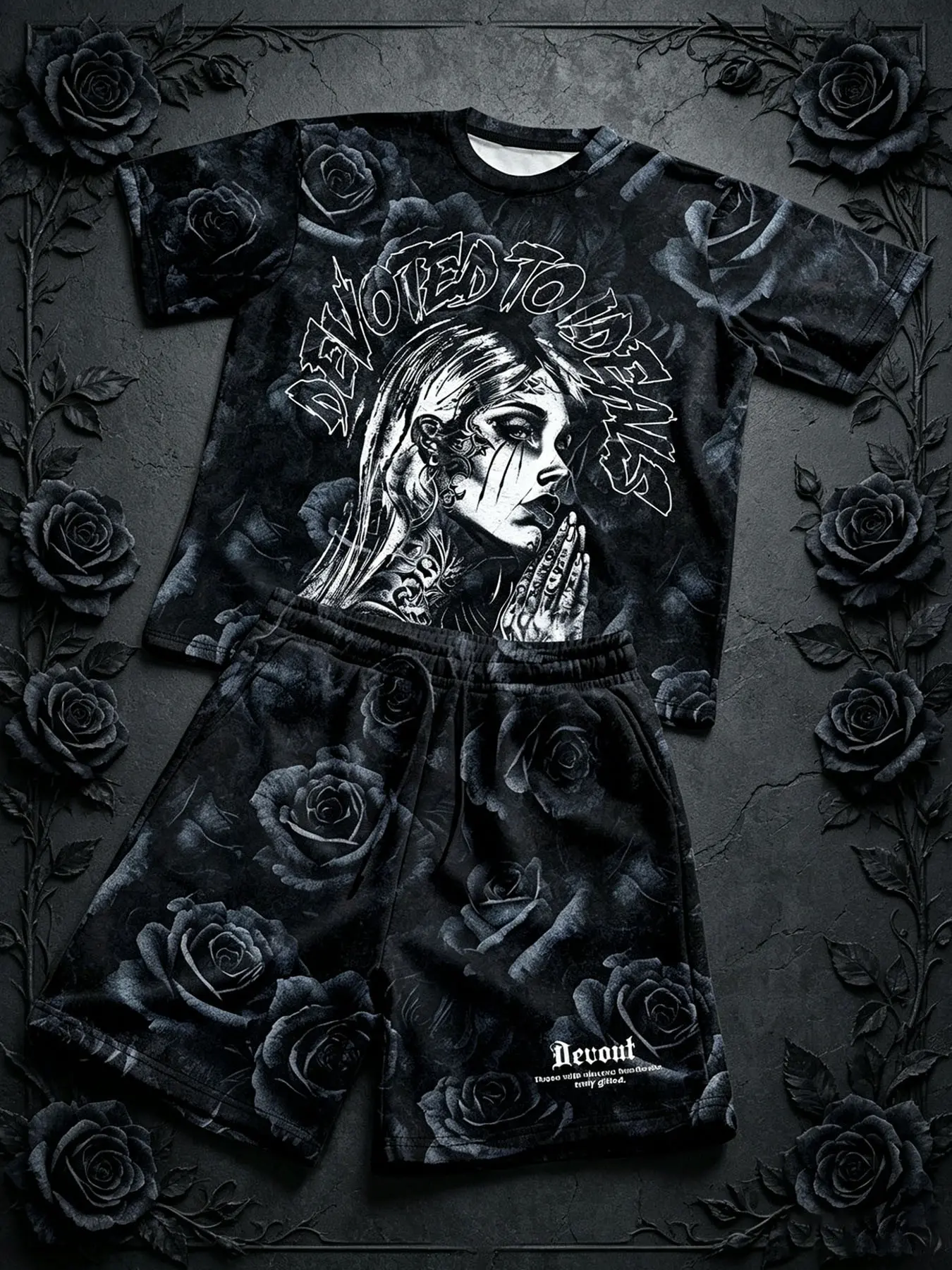 Men's Summer Street Style Two-Piece Set, Shorts Matching Set, Round Neck Short Sleeve Tee + Drawstring Shorts, Gothic Rose Print, Casual Outdoor Wear Clothes