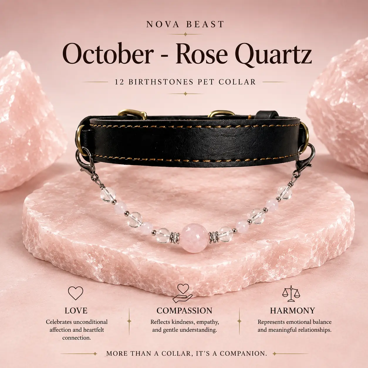Pet Collar Gift | October. Birthstone that Rose Quartz Natural Crystal Stone For Puppy & Kitty Jewelry Necklace