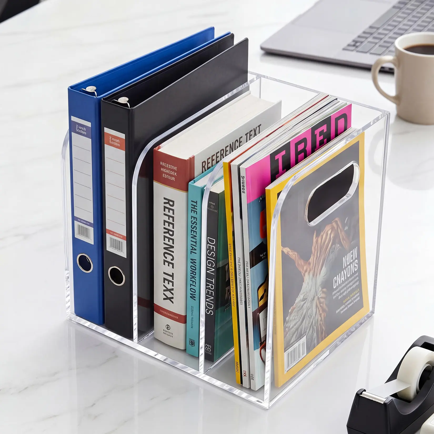 Clear Acrylic Desk Organizer Vertical Magazine & Document Rack, Sturdy Multi-Compartment Storage Holder, Space-Saving Display Stand for Office Desk & School Supplies