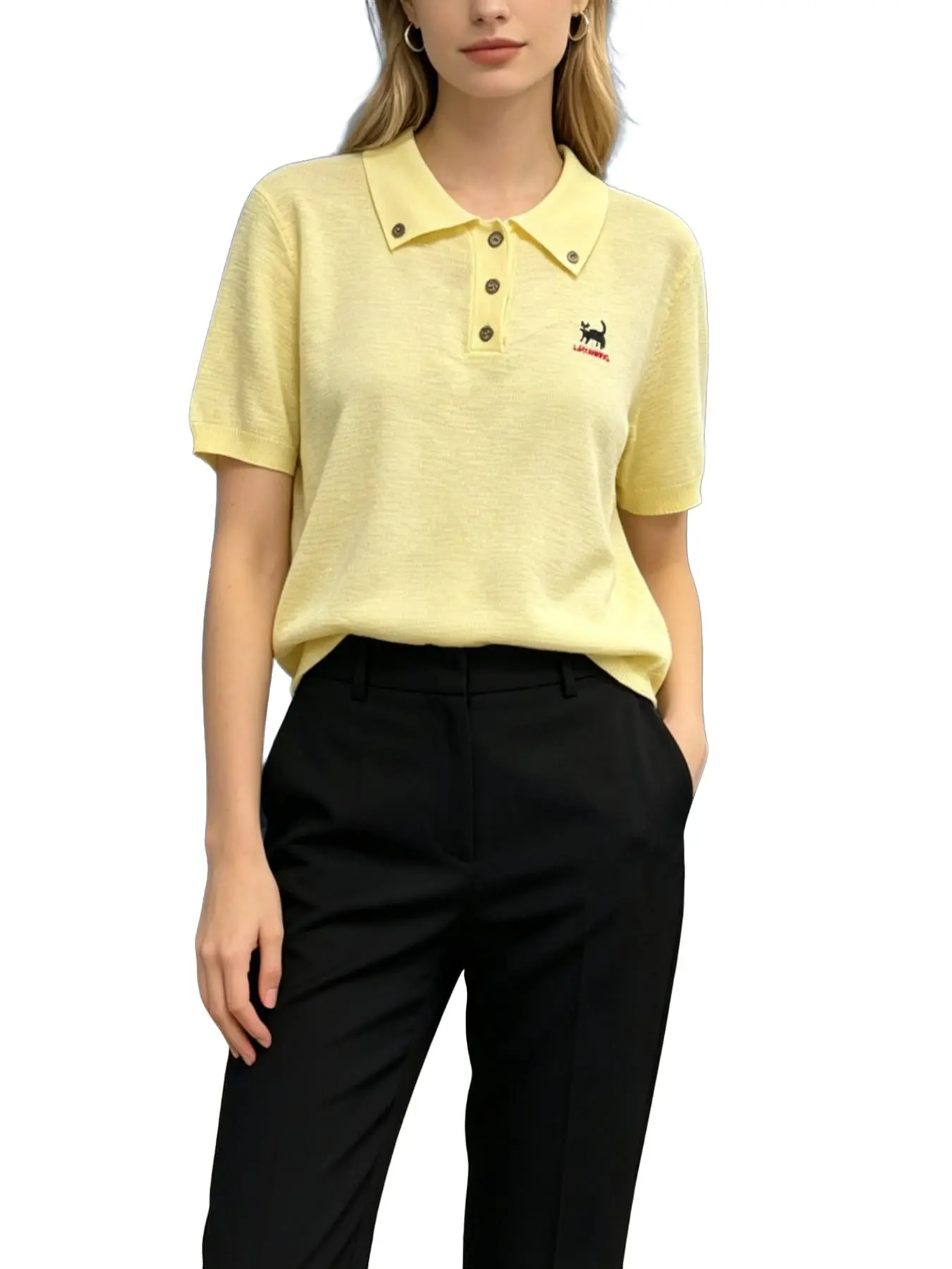 Women's Embroidered Cat Polo Neck Knit Short Sleeve, Collared Casual Comfortable Basic Loose Turn-Down Collar Top, Ideal for Daily Office Wear