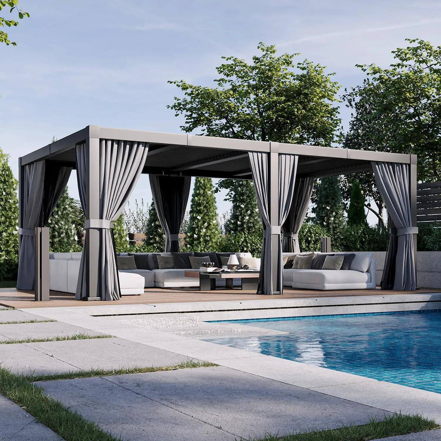 Aoxun 12x20 ft All-Aluminum Louvered Pergola, Outdoor Patio Sun Protection Structure with Independent Adjustable Louvers, Curtains, Netting, Built-in Drainage System, Rust-Resistant Frame for Patios & Backyards