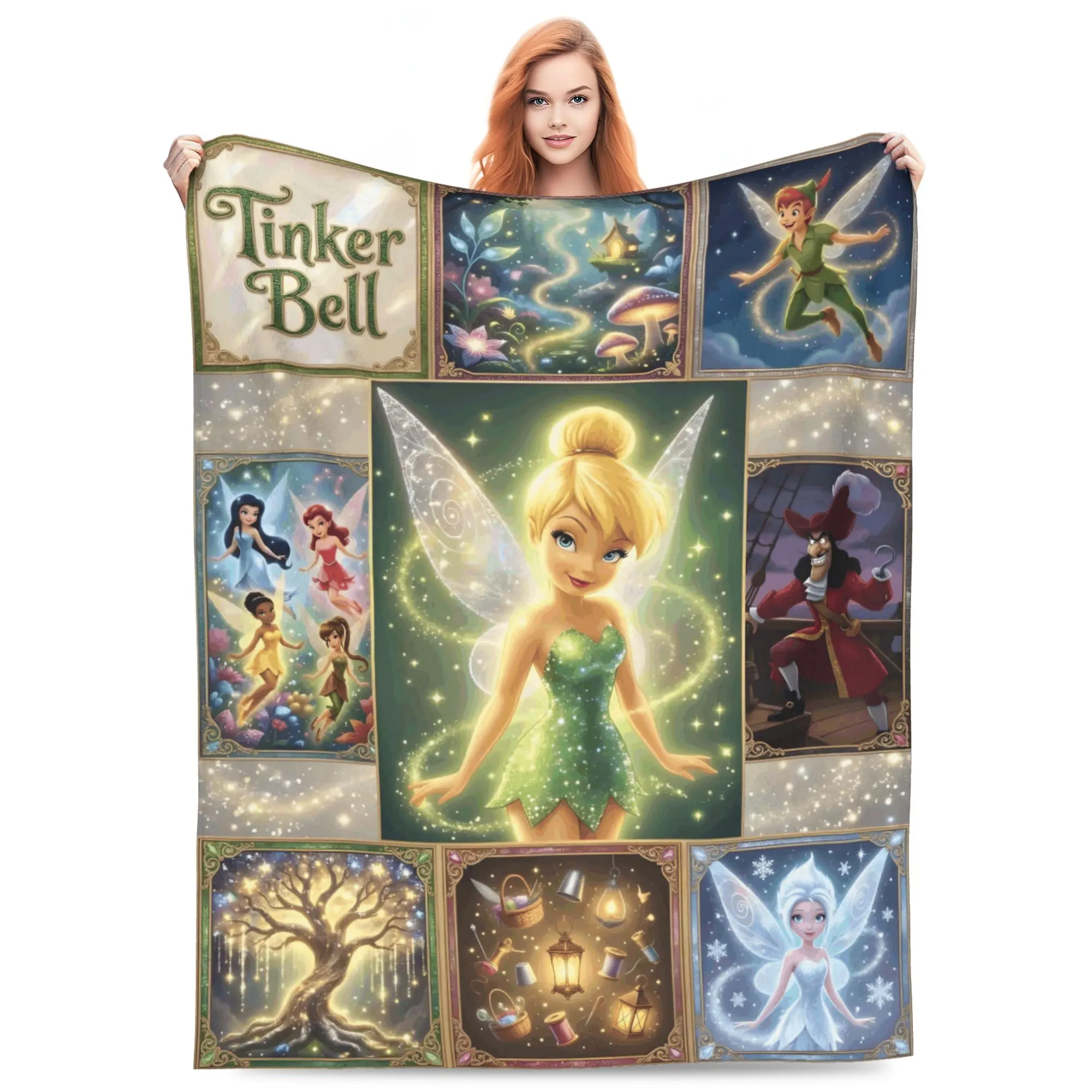 DISNEY CLASSIC Tinker Bell Throw Blanket, Vintage Grid Panel Peter Pan Fairy Characters Magic Forest Glowing Tree Print Flannel Fleece Blanket, Soft Lightweight Cozy Blanket for Sofa Bed Bedroom, Fairy Tale Gift for Girls Kids Women