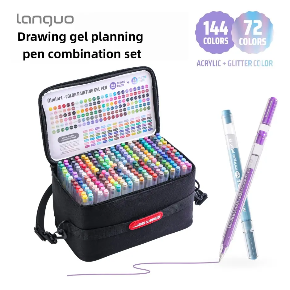 Languo 216 Color Gel Pen Set, Includes 144 Acrylic Pens & 72 Glitter Pens, 1.00mm Tip, Ideal for Art, Notes, DIY, Office Use