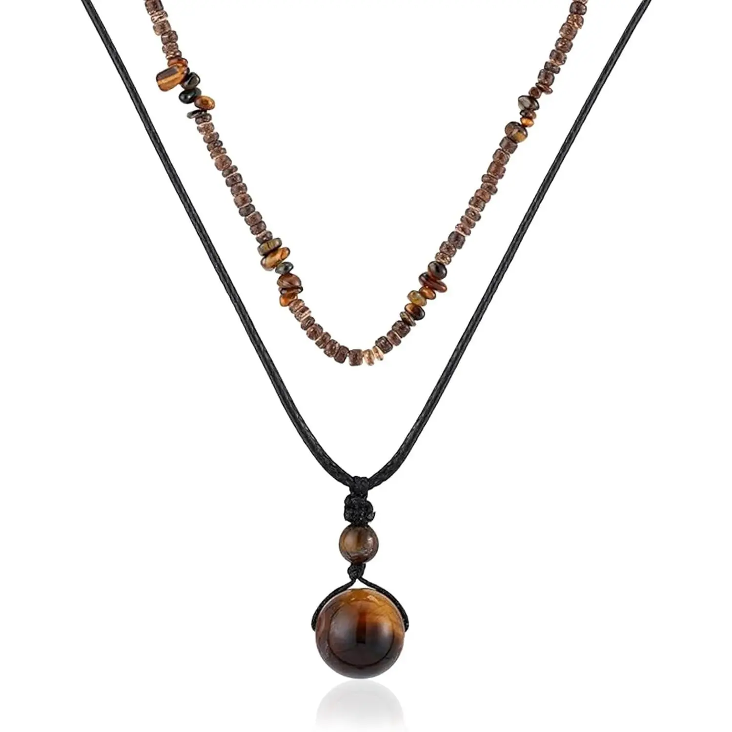 Men's Puka Shell Necklace with Tigers Eye & Coconut Beads for Beach Surfing||Summer Beach Gift| Coastal Accessories|Tiger Eye Pendant| Adjustable Cord| Boho Style| Lightweight & Durable