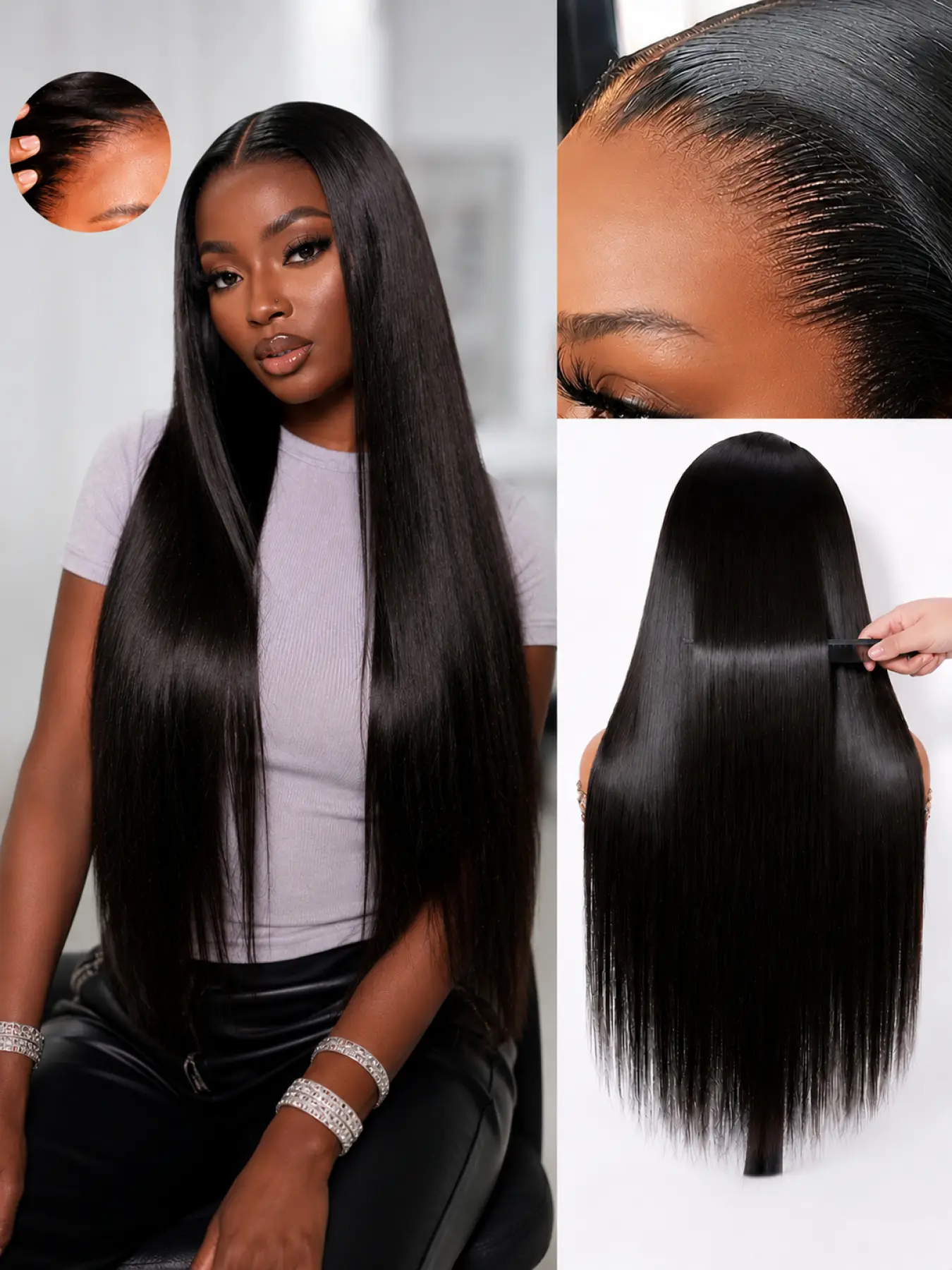 [Ribacee] Straight hair wig, 13x6mm, high-definition lace front wig, pre-plucked, pre-bleached, pre-cut, glue-free wig, upgraded straight hair version, invisible drawstring wig with tape, 200 density, ear-to-ear forehead wig for women.