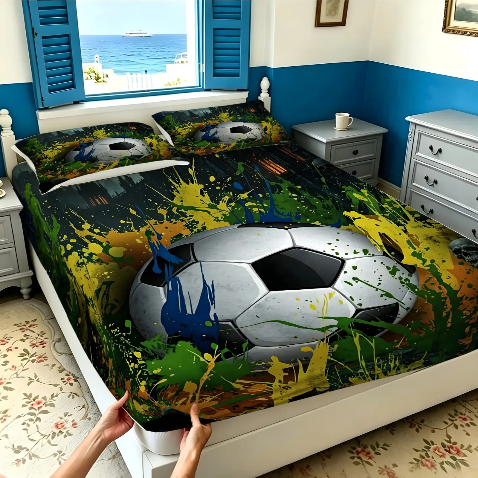3PCS Graffiti Soccer Fitted Sheet Set, Elastic Mattress Wrap, Anti-Slip Wrinkle Resistant, Machine Washable Bedding for Bedroom Hotel Homestay, Housewarming Birthday Xmas Gift