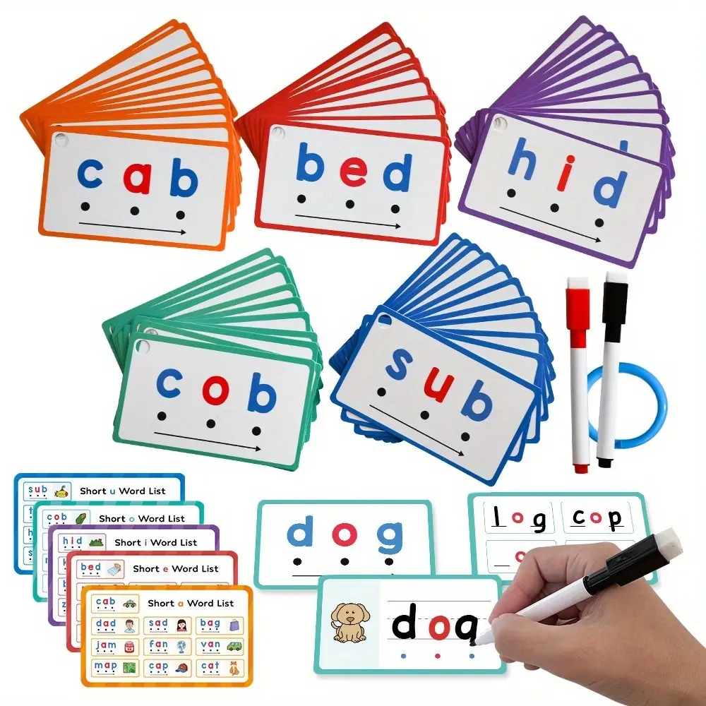 60pcs Learning Phonics CVC Words Writing Eraseable Flash Cards, Vowel Spelling Flashcards, Game Reading Phonics Word Builders Spelling Learning Aids Flash Cards Kindergarten Preschool Supplies gift, English Cards, Christmas stocking stuffers