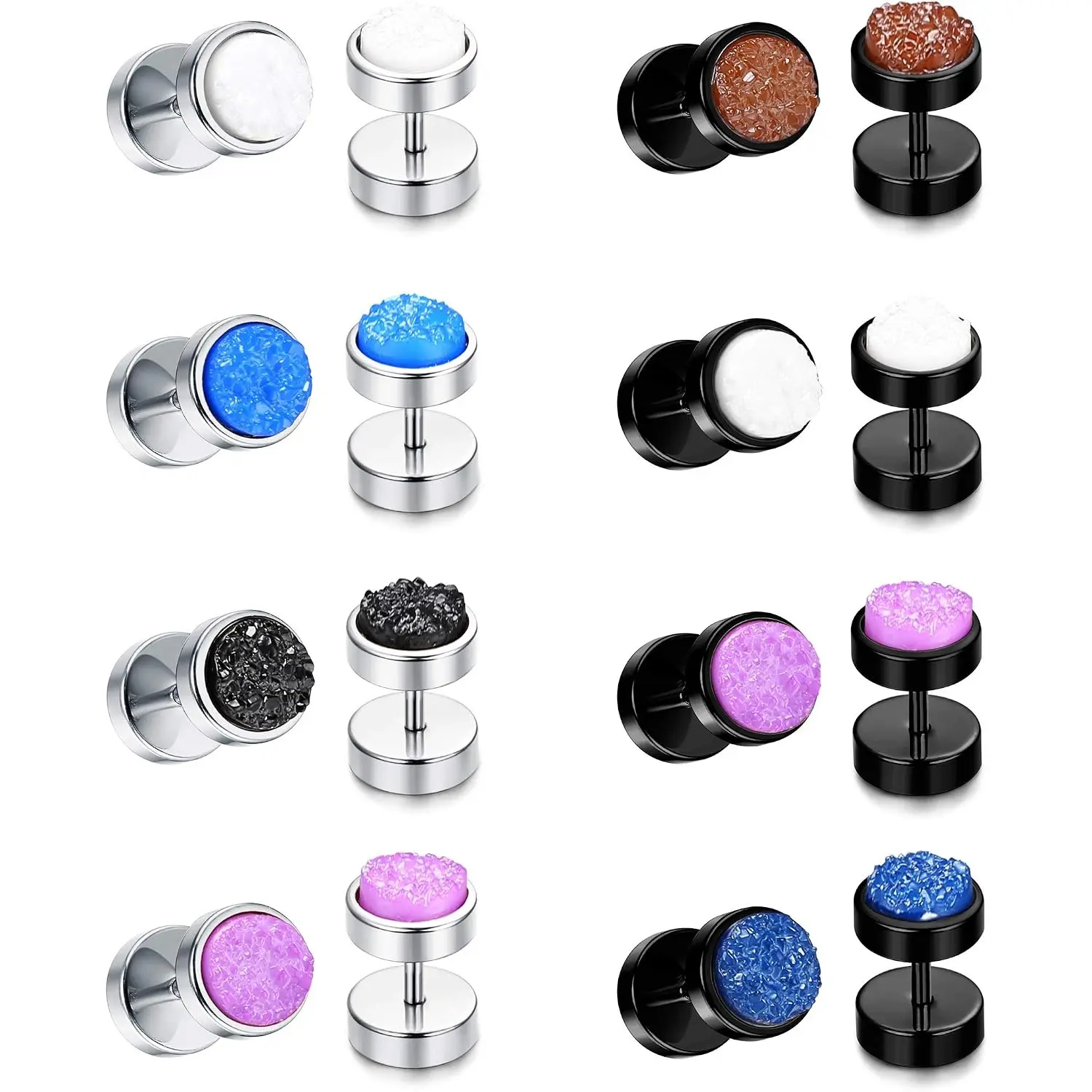 Unisex 8-Pair Stainless Steel Illusion Tunnel Cheater Gauge Earrings - 7.5x6mm Flat Circle Dumbbell Dot Studs, Casual Non-Stretch Fake Ear Plugs, Punk Piercing Jewelry Gift