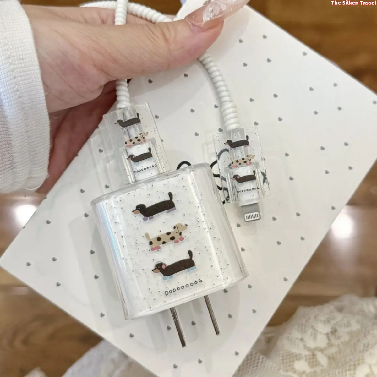 4 In 1 Glitter Dachshund Clear Charger Protective Cover Fit 20W iPhone USB-C Power Adapter, Full Protection Anti-Break White Cable Spring Tube + Double Cord End Protectors, Lovely Dog Pattern Phone Charger Decor Accessory tiktokshopbacktoschool