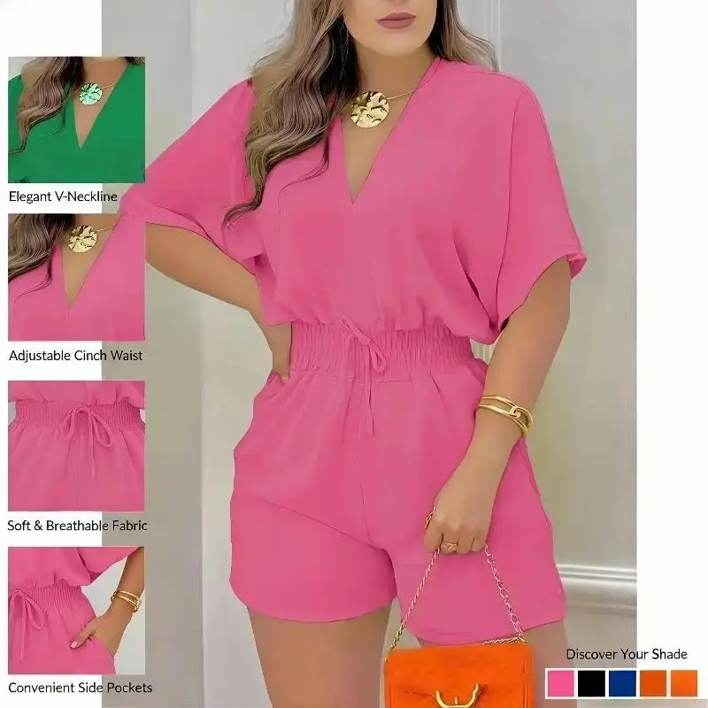Women’s Casual Summer Romper, Short Sleeve High Waist Jumpsuit with Adjustable Drawstring Waist, Lightweight One Piece Outfit for Daily Wear