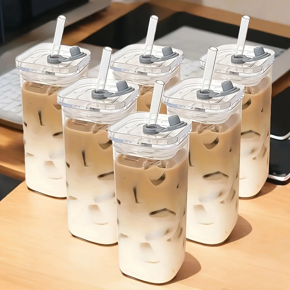6-Piece square glass cups with lid, transparent milk tea cup, portable drinking cup, perfect coffee cup, including glass lid/straw, suitable for office, home, school and outdoor use