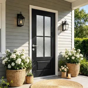 ARCH 36x80 Fiberglass Front Door Entry Door with White PVC Frame Right-Hand Inswing Exterior Door Brickmould Contemporary Minimalist Brushed Skin Frosted Glass True Divided Light Home Entrance Black, Black Color Options, Fiberglass Material