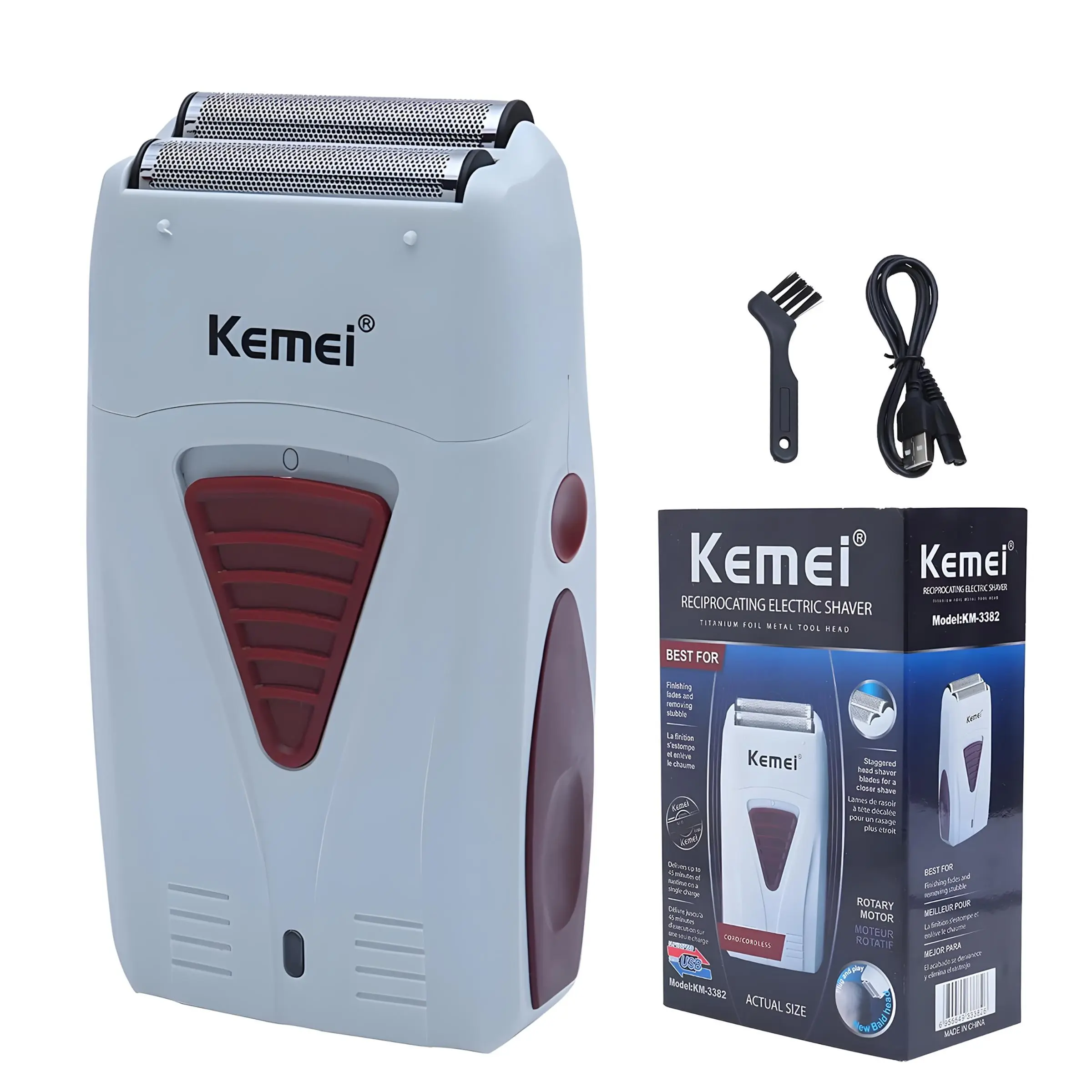 Kemei Km-3382 Rechargeable Cordless Shaver for Men, Twin Blade Reciprocating Beard Razor, Face Care Greasy Barber Scissors