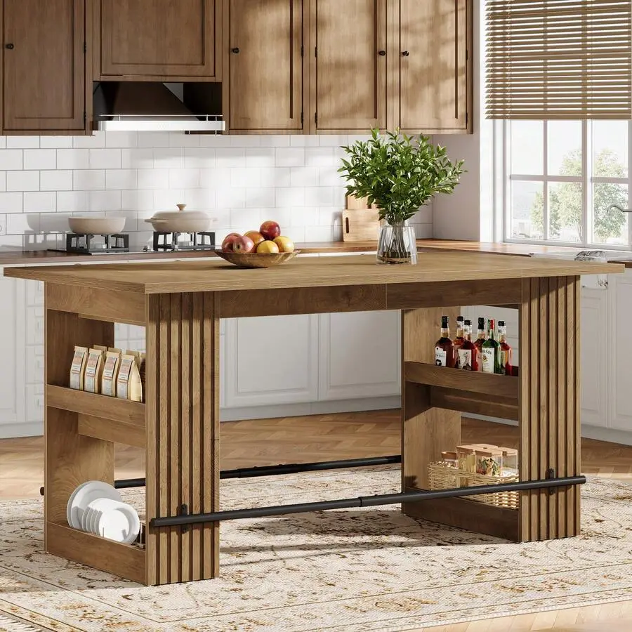 63-Inch Industrial Rustic Brown & Black Island Table (Single Unit) - 62.99" Wide, Reinforced Legs, Side Storage Shelves, Footrest-Equipped Shelf, Large Worktop, Stable Wooden Structure, Easy to Assemble