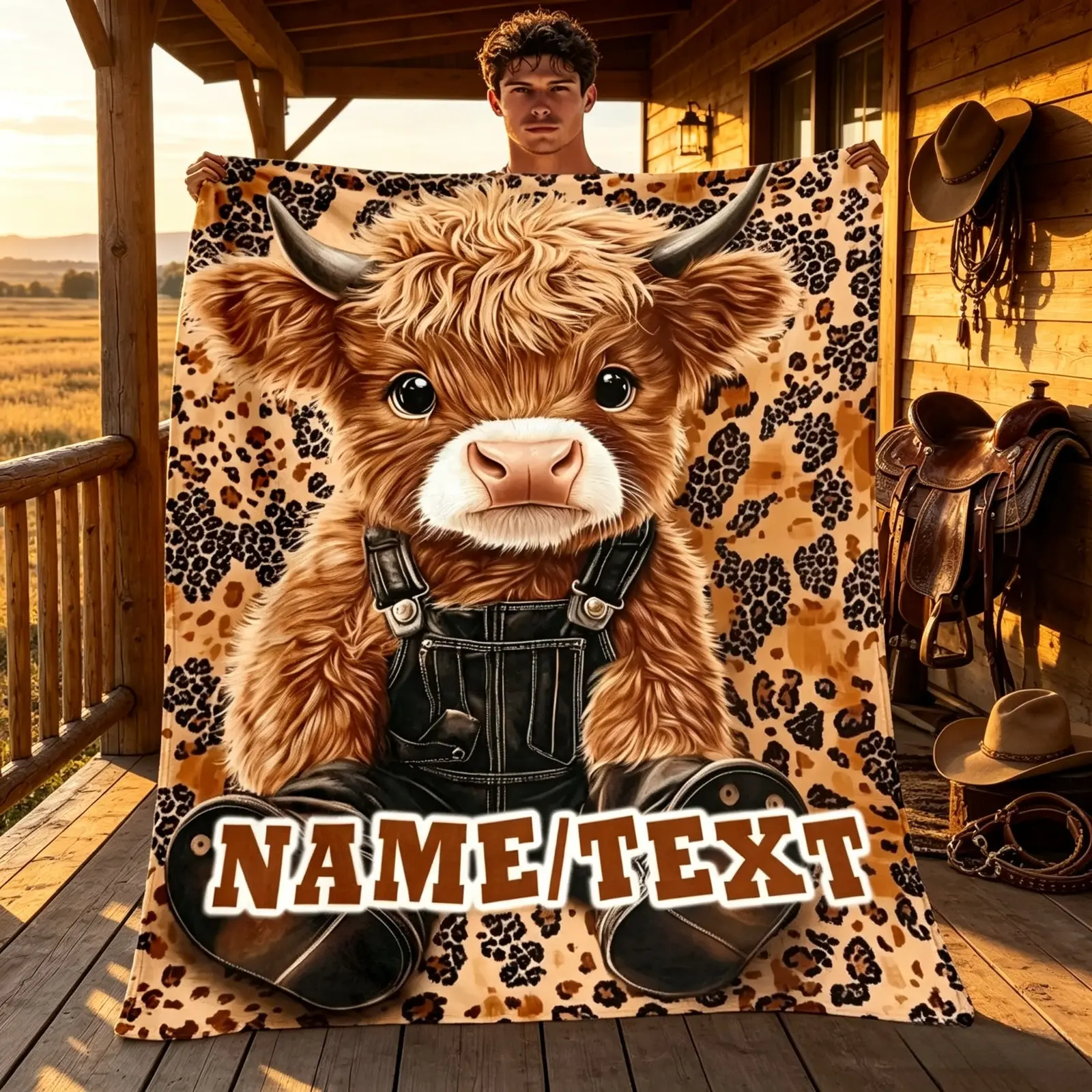 Custom Name Highland Cow Flannel Throw Blanket - Personalized, Stain Resistant, Farmhouse Animal Print, Soft Cozy Lightweight Fleece for Sofa, Bed, Rustic Home Decor, Gift for Women, All Season Textile
