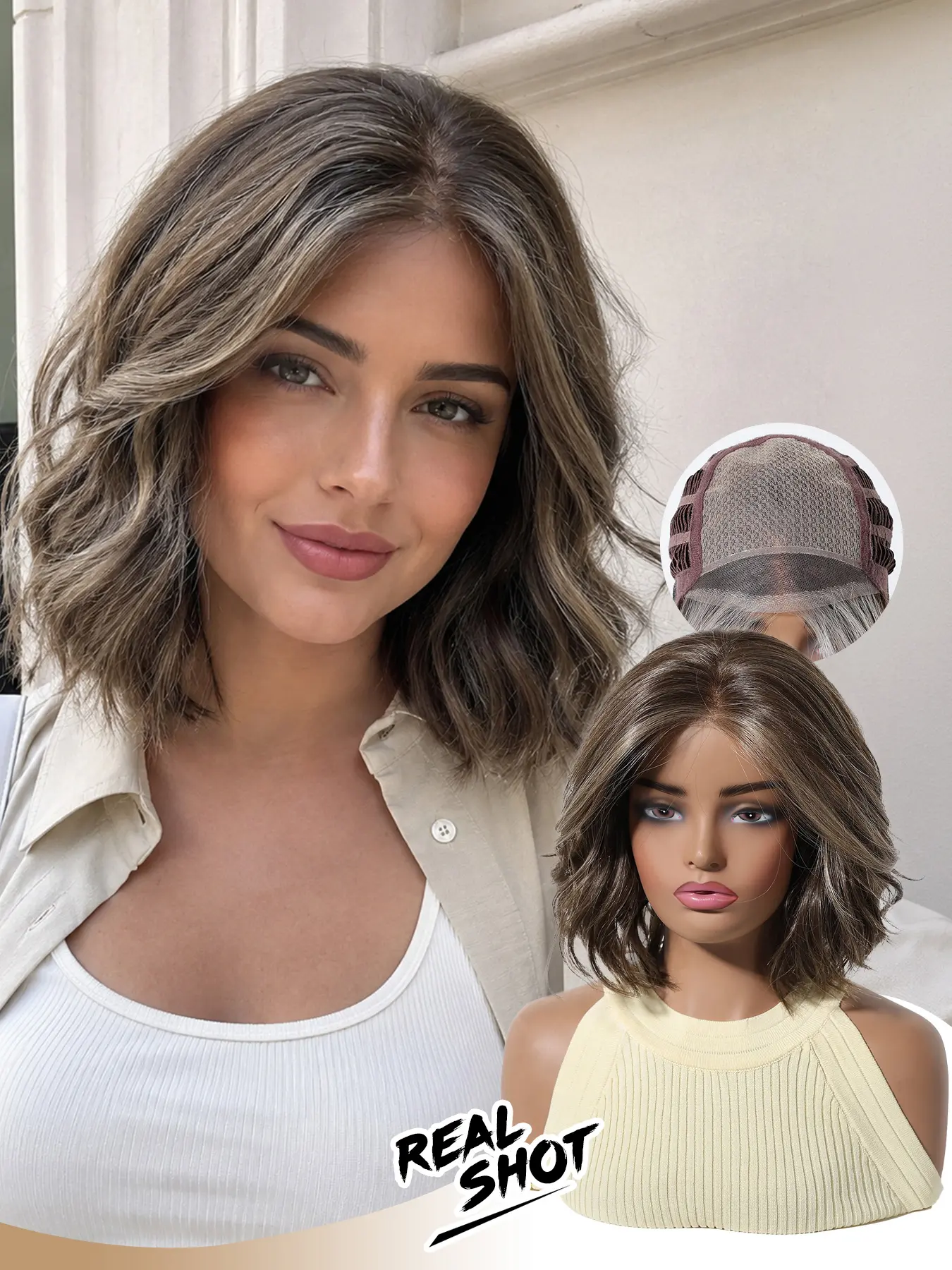 Mono Realistic Scalp Short Wave Wig, Natural Look Hair Volume Design, Ash Highlights, Lightweight Breathable Daily Use, Synthetic Wig
