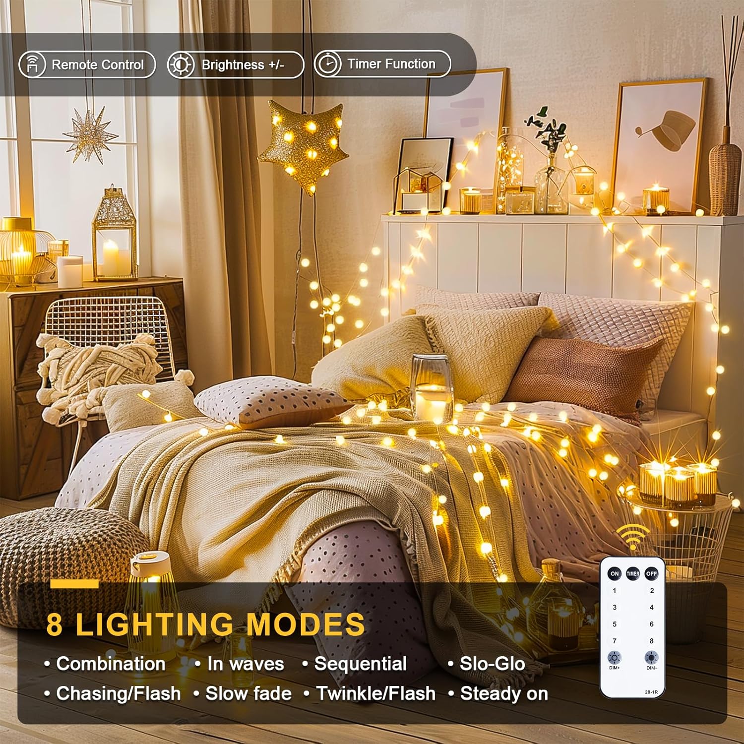 100 LED Connectable Globe String Lights Indoor Bedroom, 33ft Warm White Christmas String Lights Plug in with Remote, 8 Modes Hanging Fairy Lights Outdoor for Room Classroom Dorm Party Decor