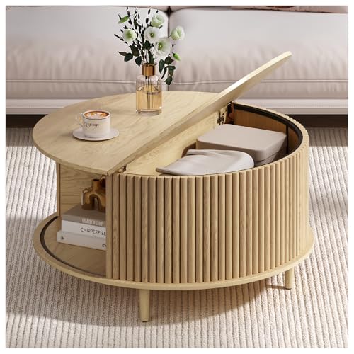 Round Fluted Coffee Table with Hidden Storage, Lift-Top Design & Side Open Shelf, Two-Layer Natural Wood Tabletop with Sliding Cabinet Doors, Sturdy Solid Wood Legs & Soft-Close Hinges, Ideal for Living Rooms & Small Spaces