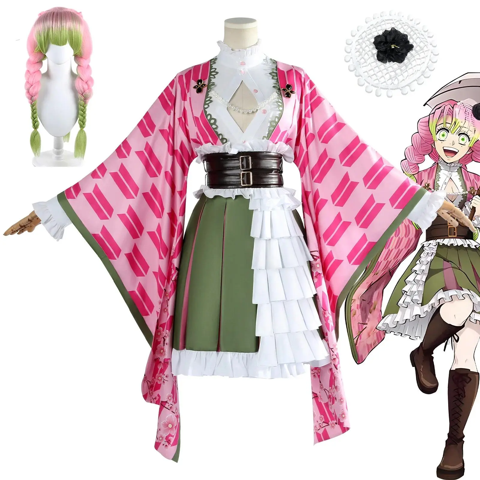 Kanroji Mitsuri Women's Anime Theme Costumes Clothing Set - Includes Wig, Belt Accessories for Halloween, Adult Party Cosplay (Toys & Hobbies, Novelty & Gag Toys), Clothing Sets