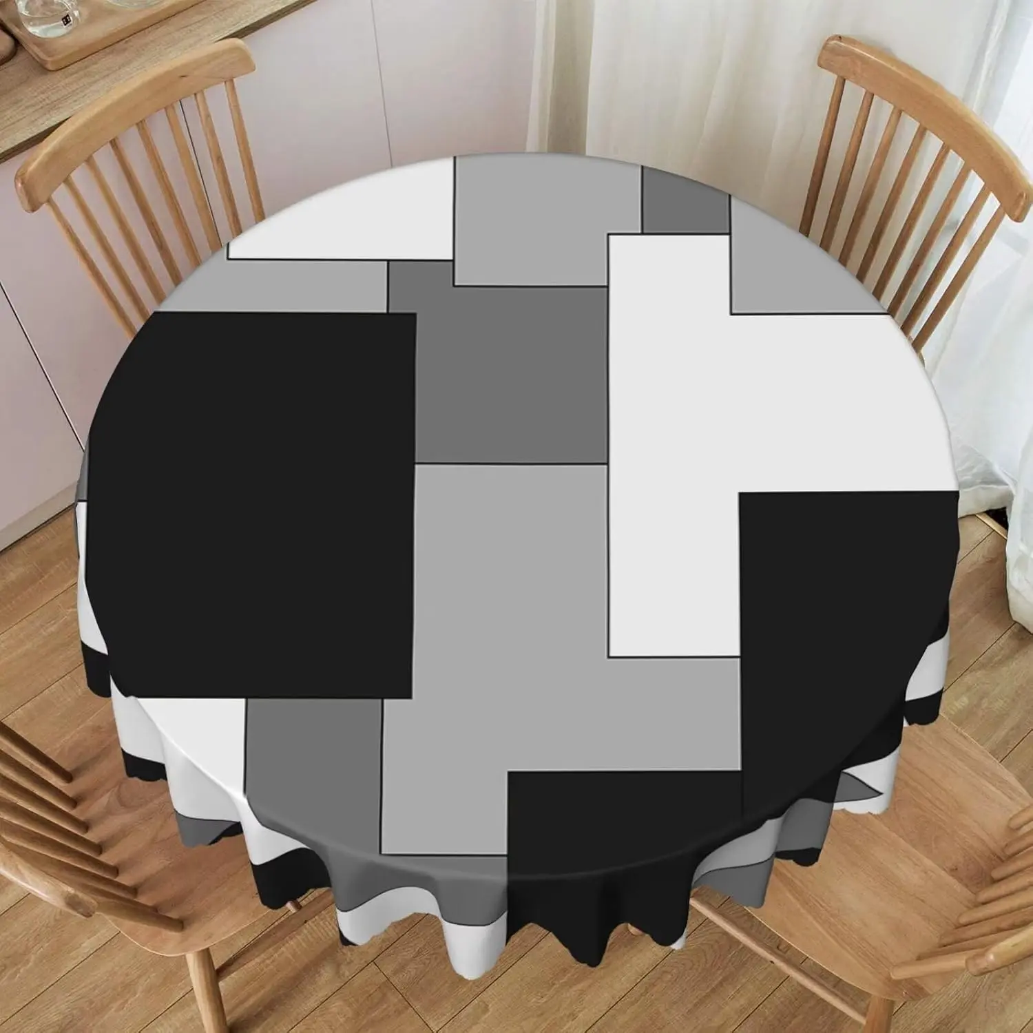 60-Inch Geometric Abstract Modern Round Tablecloth, Grey Black White Washable Table Cover for Home Dining, Party Decor (Home & Festive Party Supplies)