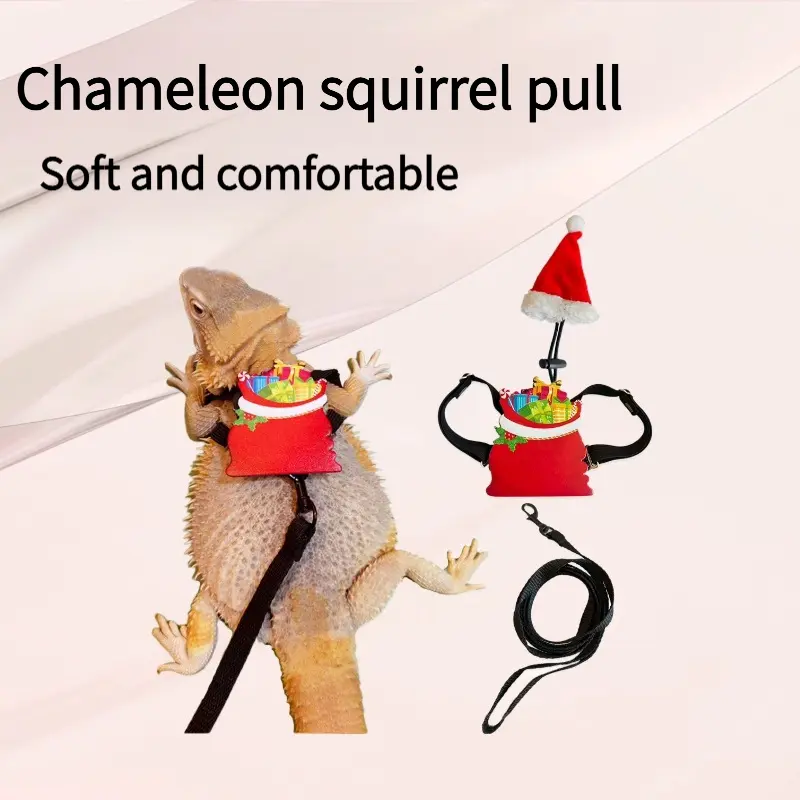 Reptile Lizard Harness & Leash Set - Adjustable Double-Strap Easy-Wear, Holiday Theme, Outdoor Walking Accessory for Crawling Pets (with Holiday Hat)