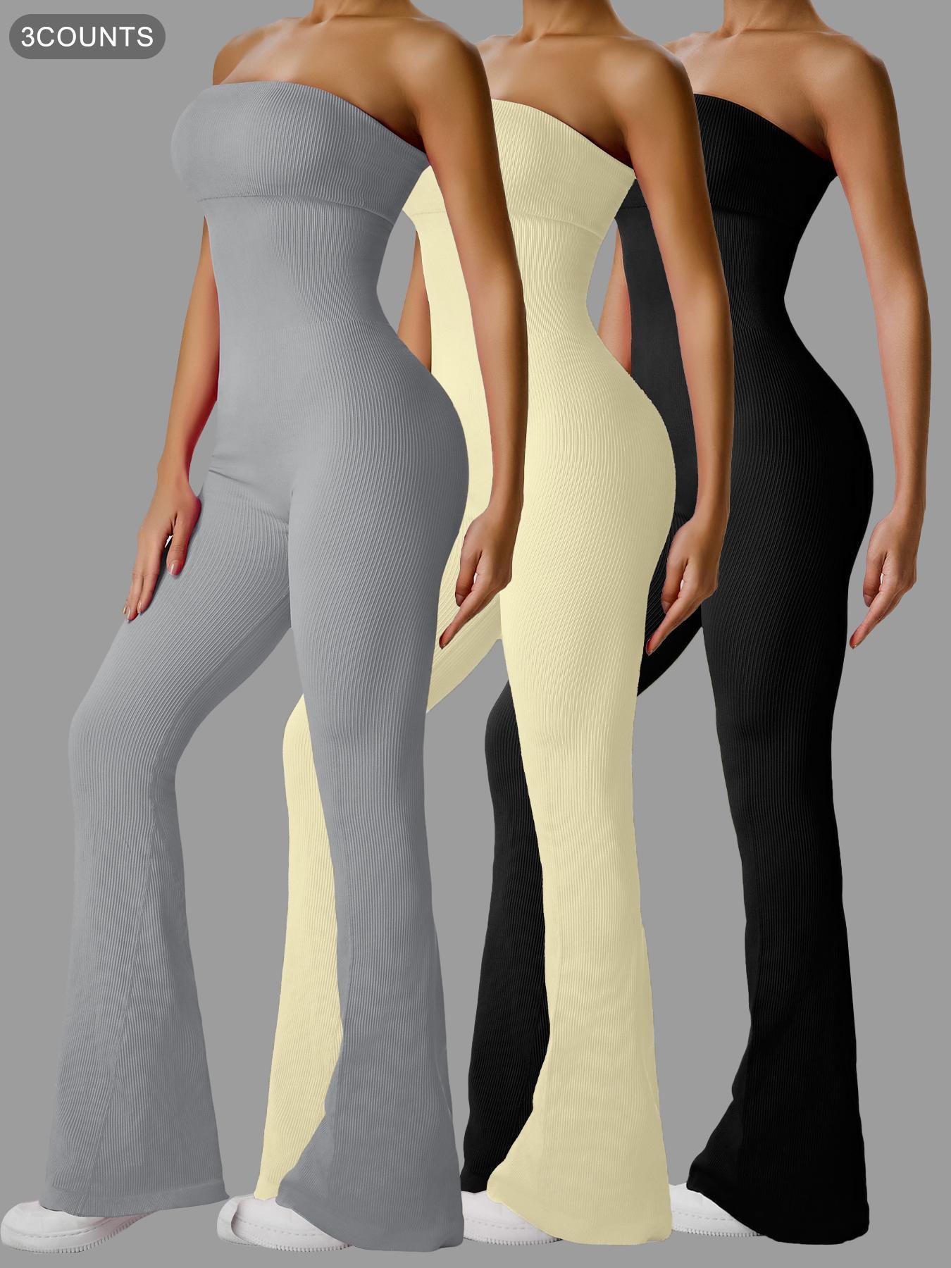 Women's Sexy Yoga Ribbed One Piece Tube Jumpsuit Rompers Flared Trousers Tights Push-up Sports Bodysuit Women Fitness Suit Workout Sportswear Gym Sportswear Jumpsuits