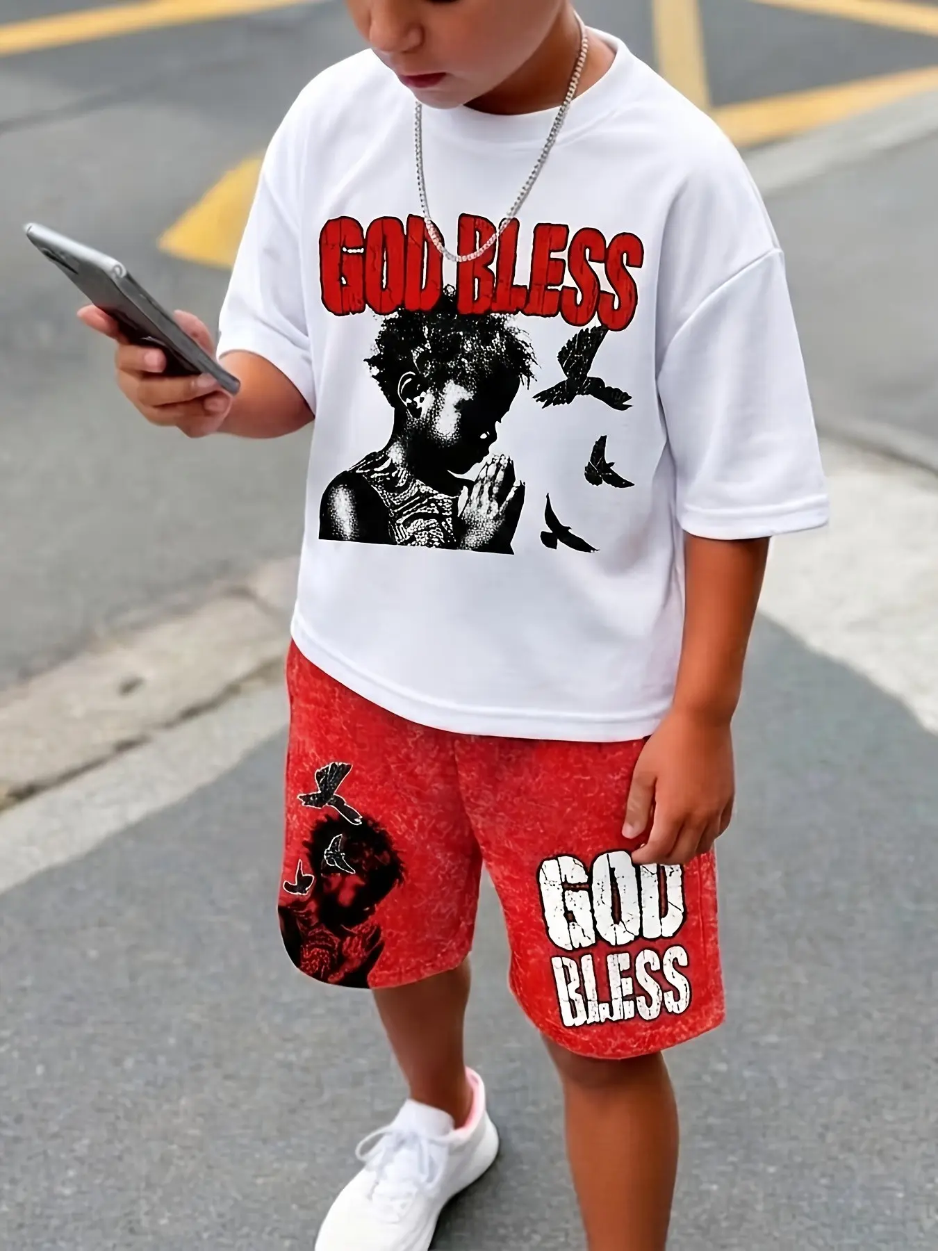 Boy Hip-Hop Two-Piece Graphic Print Set with 'god' Print, Short Sleeve and Shorts, Streetwear for Birthday and Holiday Parties, Casual Fashion