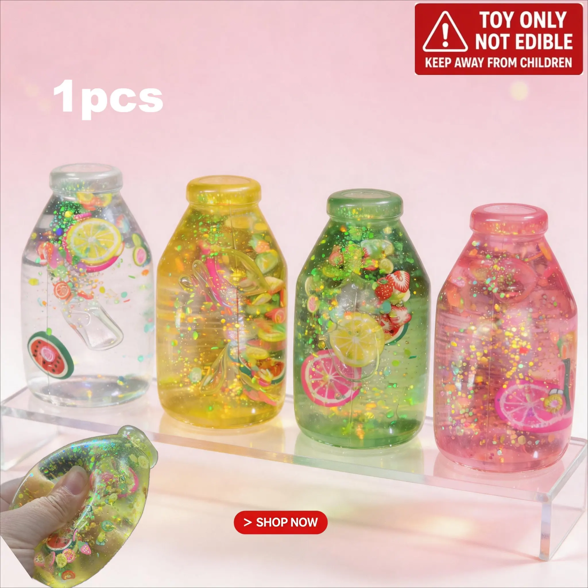 ✨🍉Soft Fruit Floating Bottle Squishy – Glitter Bottle Squeeze Toy, Floating Fruit Stress Relief Ornament with Slow Rebound Soft Gel for Venting & Relaxation, Ideal Gift for Ages 14+, Perfect for All Parties, Birthdays and Holiday Gatherings