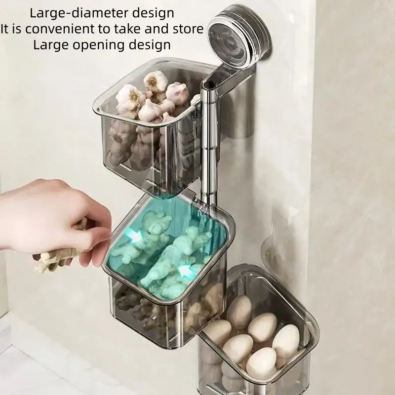 Double Suction Cup Rotating Adjustable Kitchen Storage Rack, Wall-Mounted Ginger Garlic Organizer, No Drilling Required, 3-Layer Design, Tidy