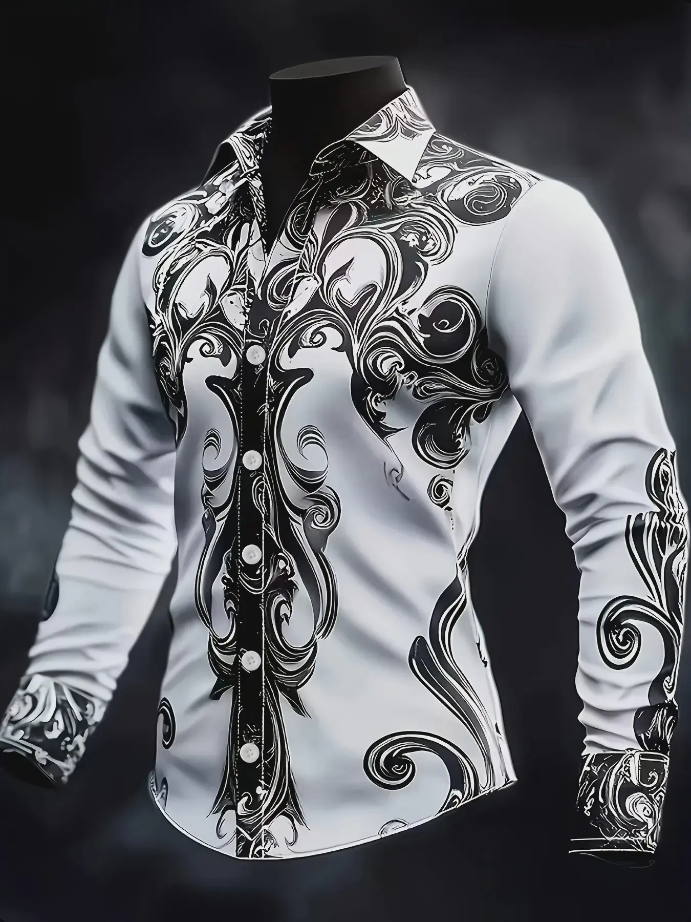 Men's Baroque Long Sleeve Shirt, Intricate Swirl Pattern, Fitted Paisley Casual Button Up Dress Shirt, All over Print, Unlined