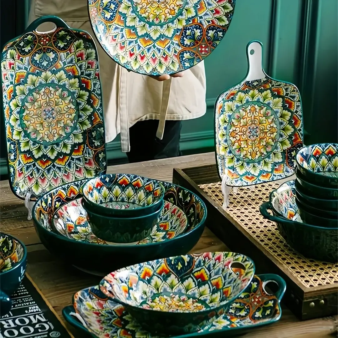 4-Piece Bohemian Ceramic Tableware Set, Hand-Drawn Ethnic Style Bowls and Plates, Creative Home Dining Essentials, Non-Bone China